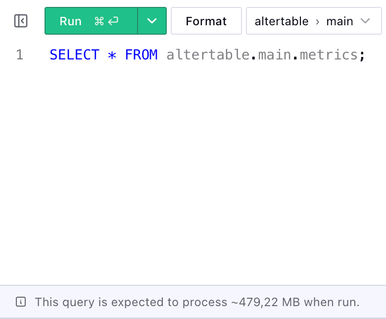 The Altertable SQL editor showing the read estimate below a statement before it runs