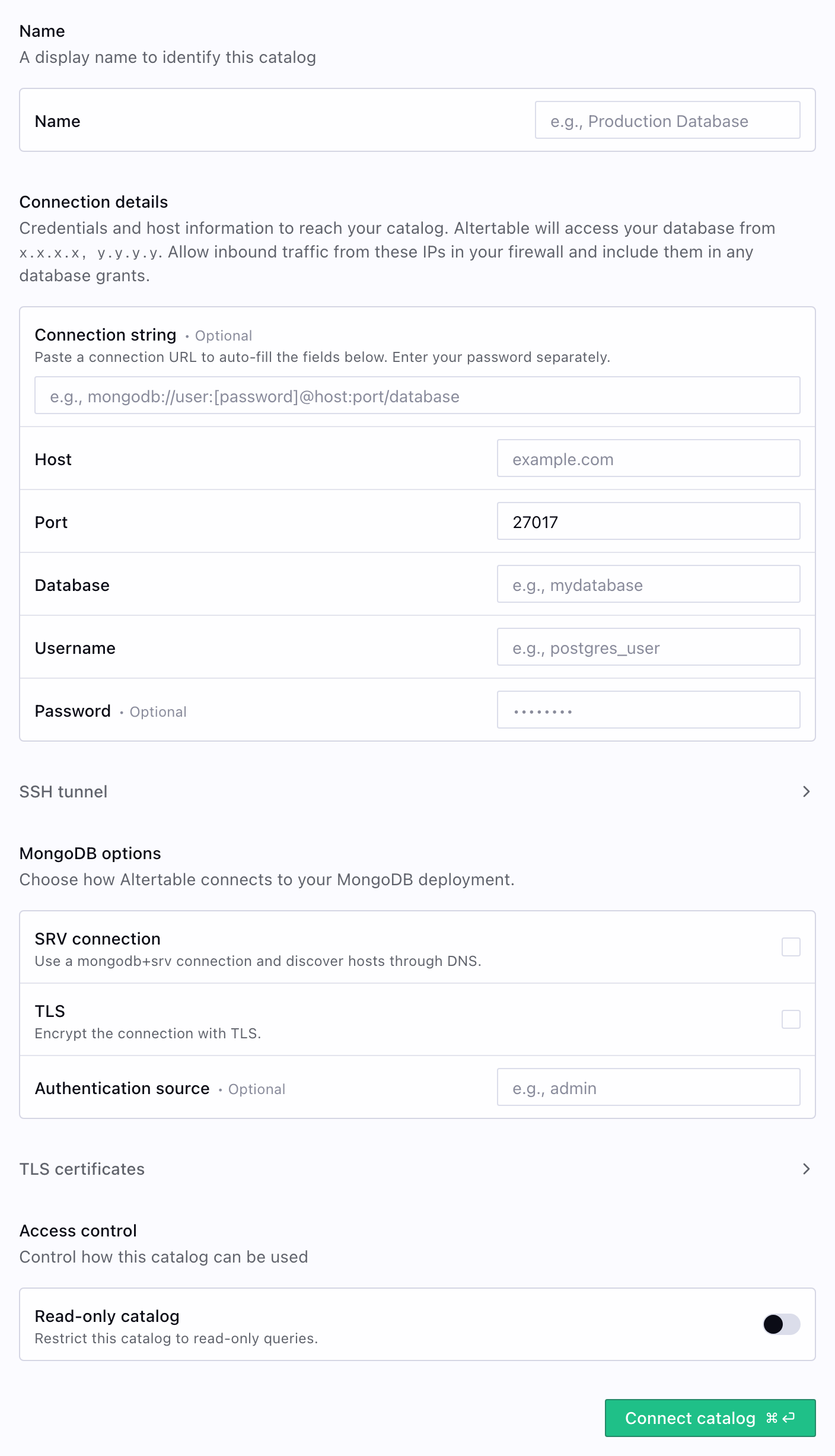 New MongoDB connection form