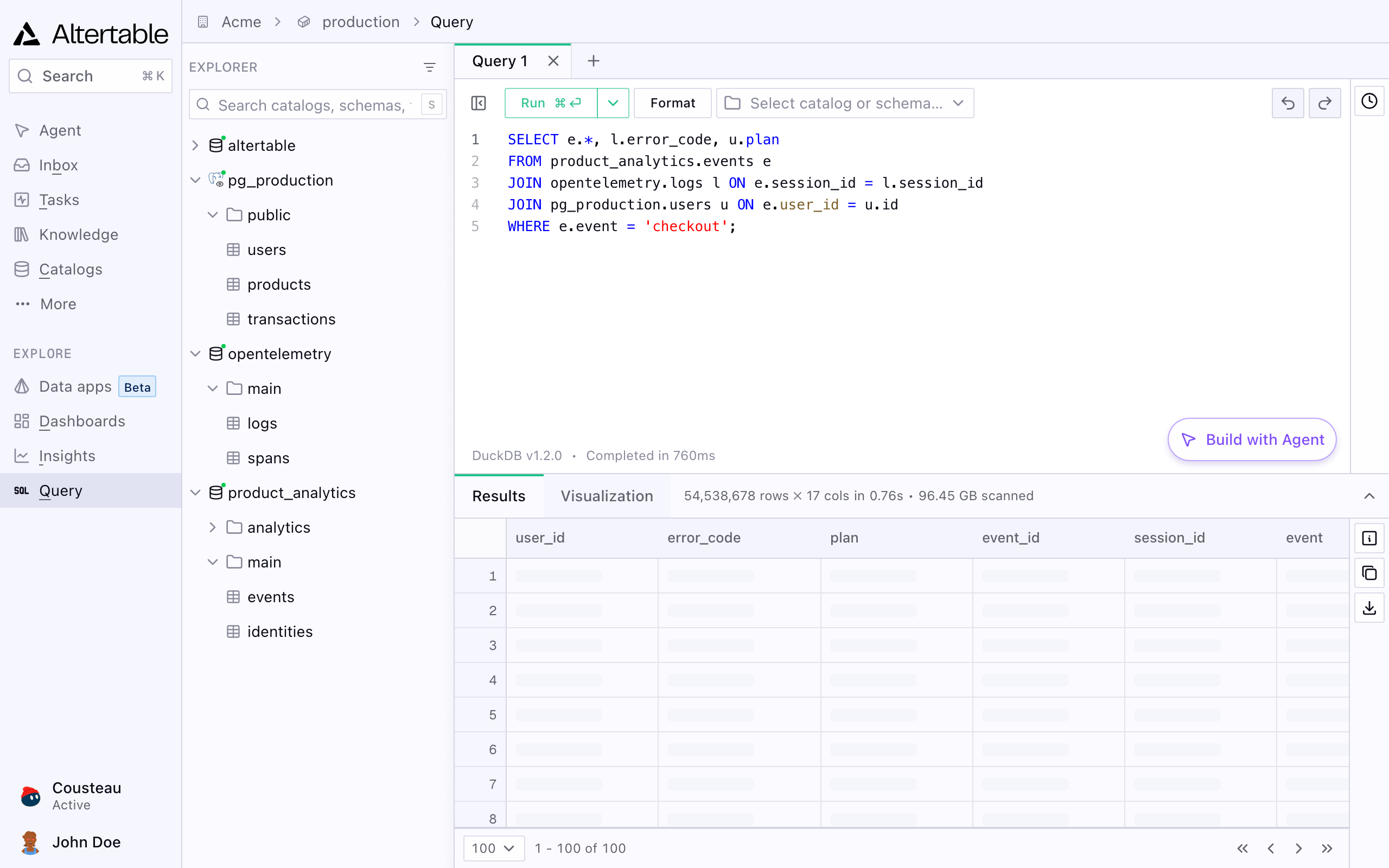 Altertable query workspace with catalog explorer, SQL editor, and results