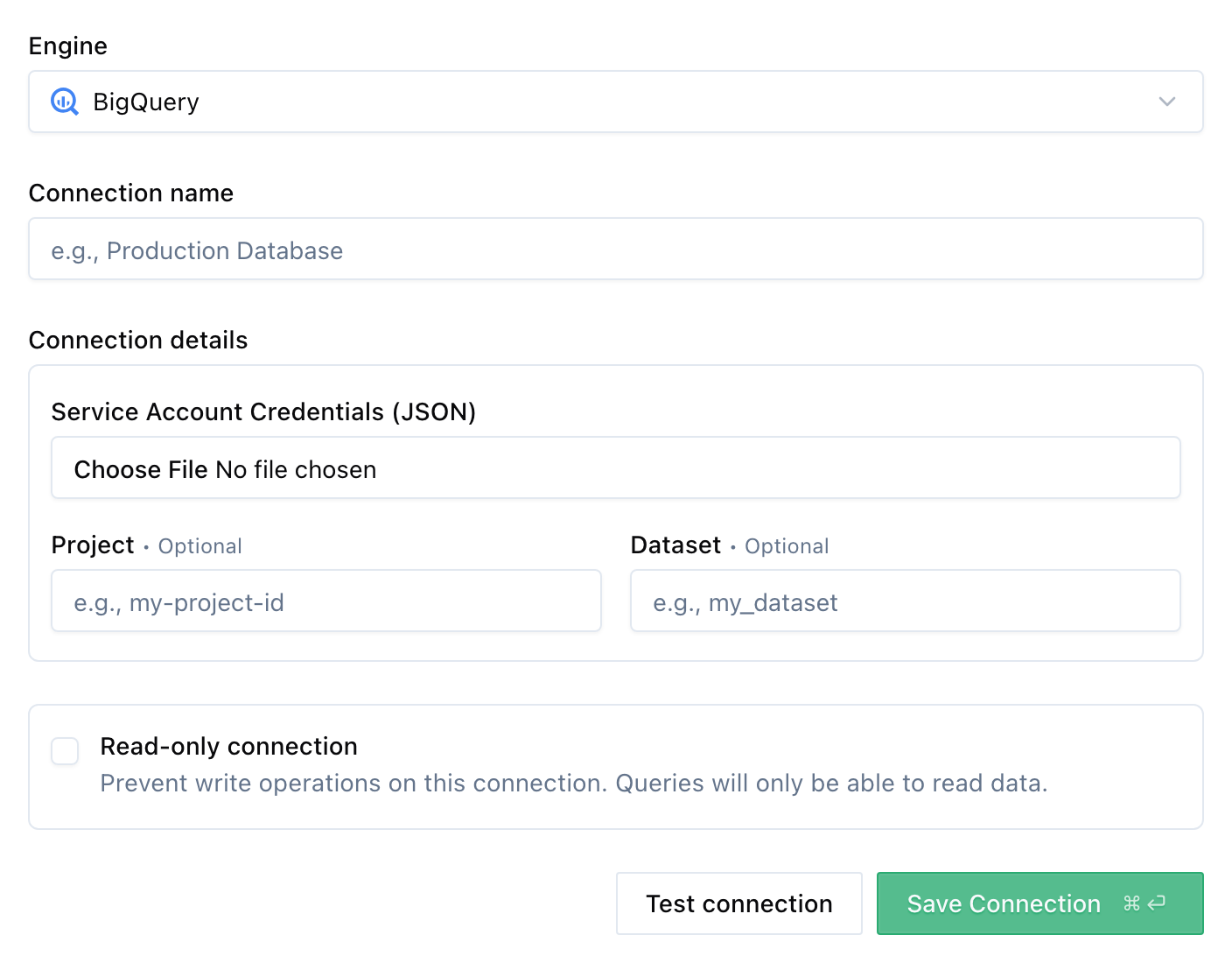 New BigQuery connection form