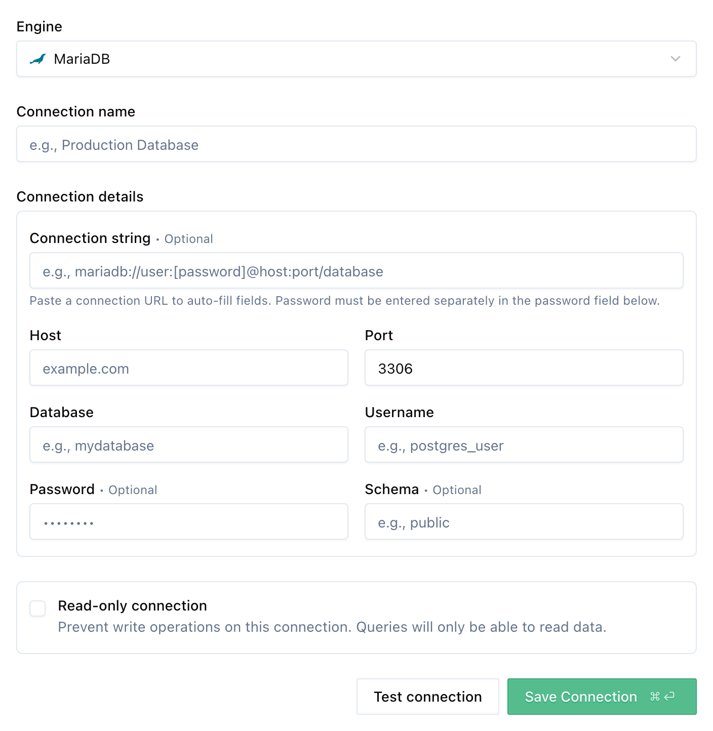 New MariaDB connection form
