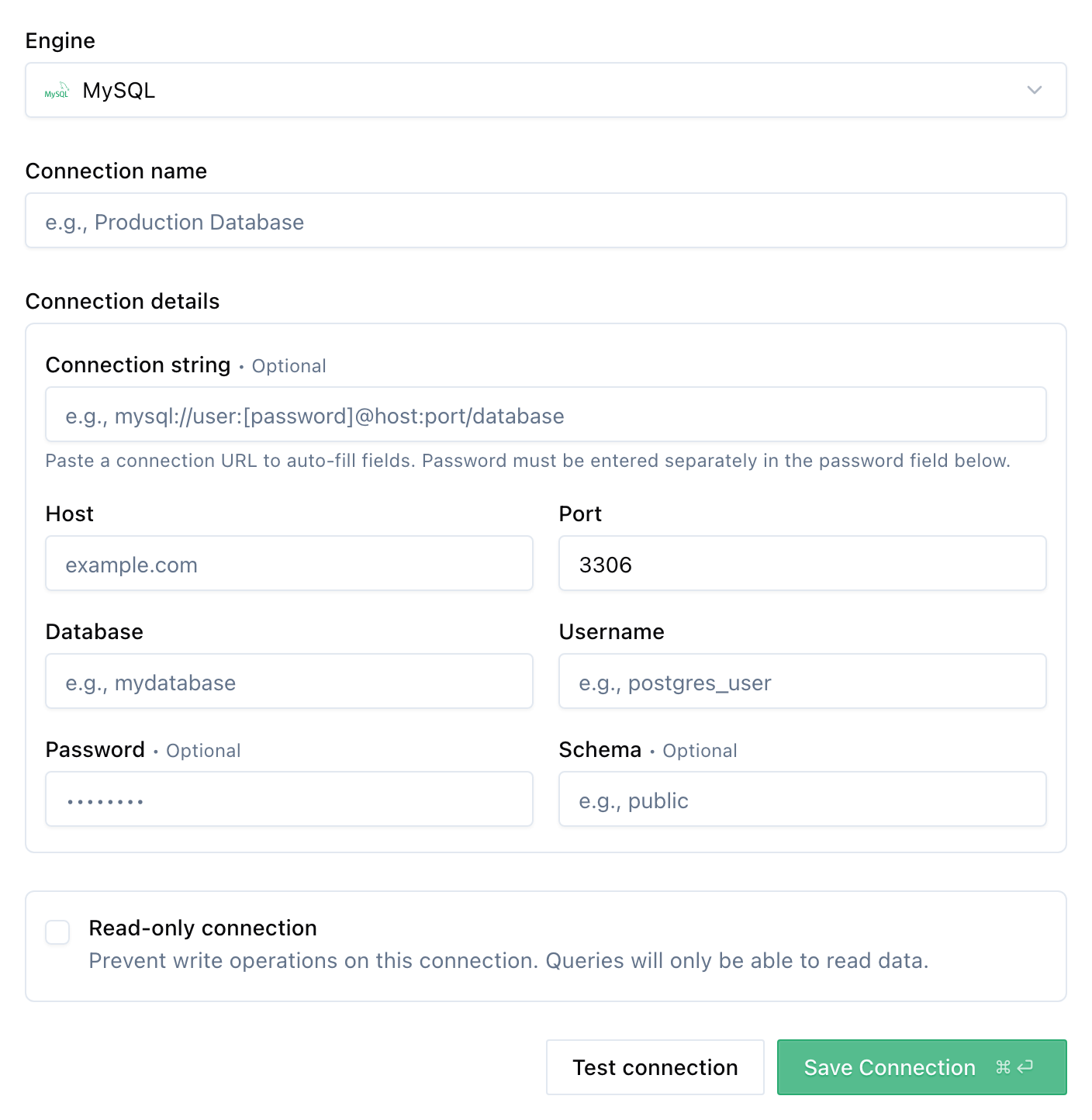 New MySQL connection form