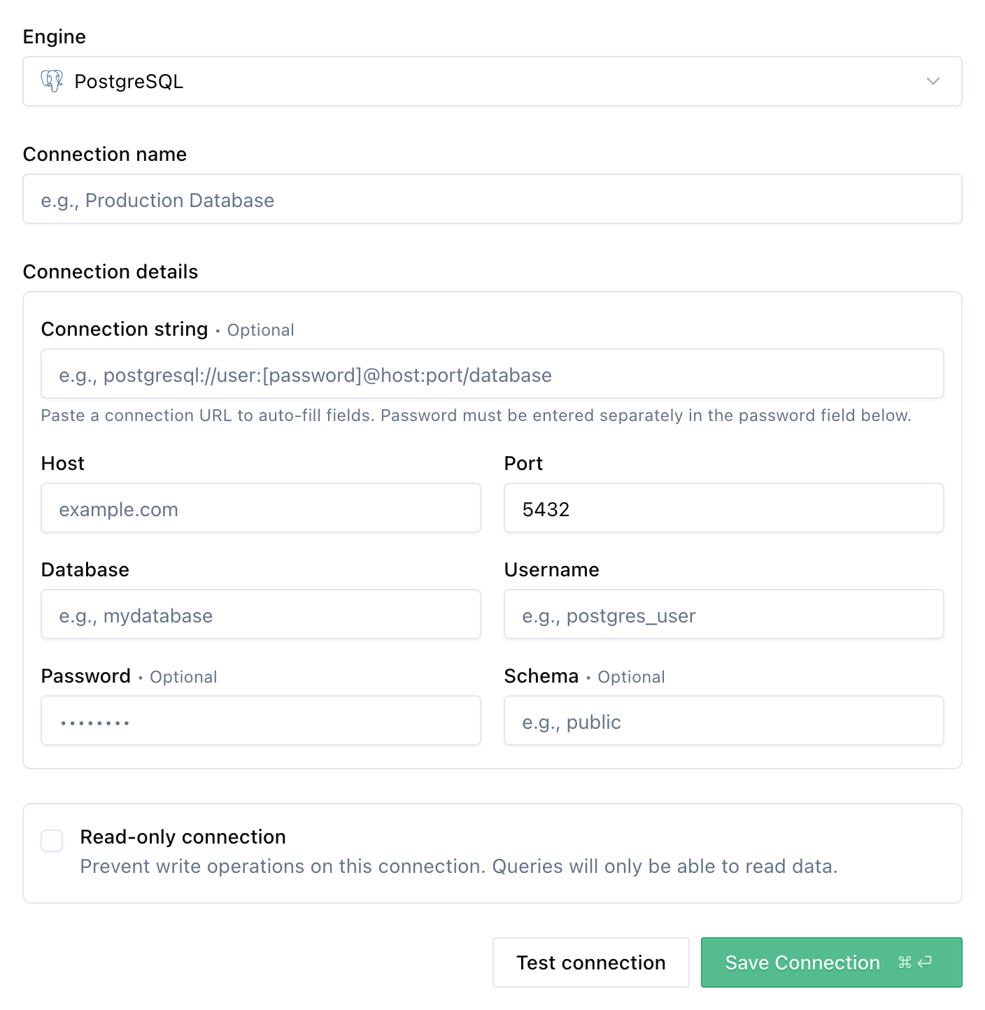 New PostgreSQL connection form