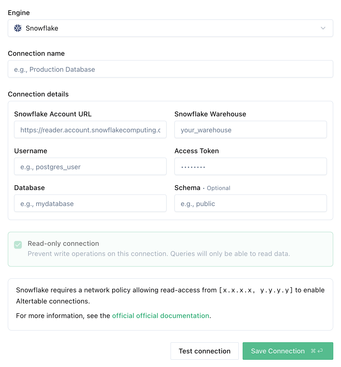 New Snowflake connection form