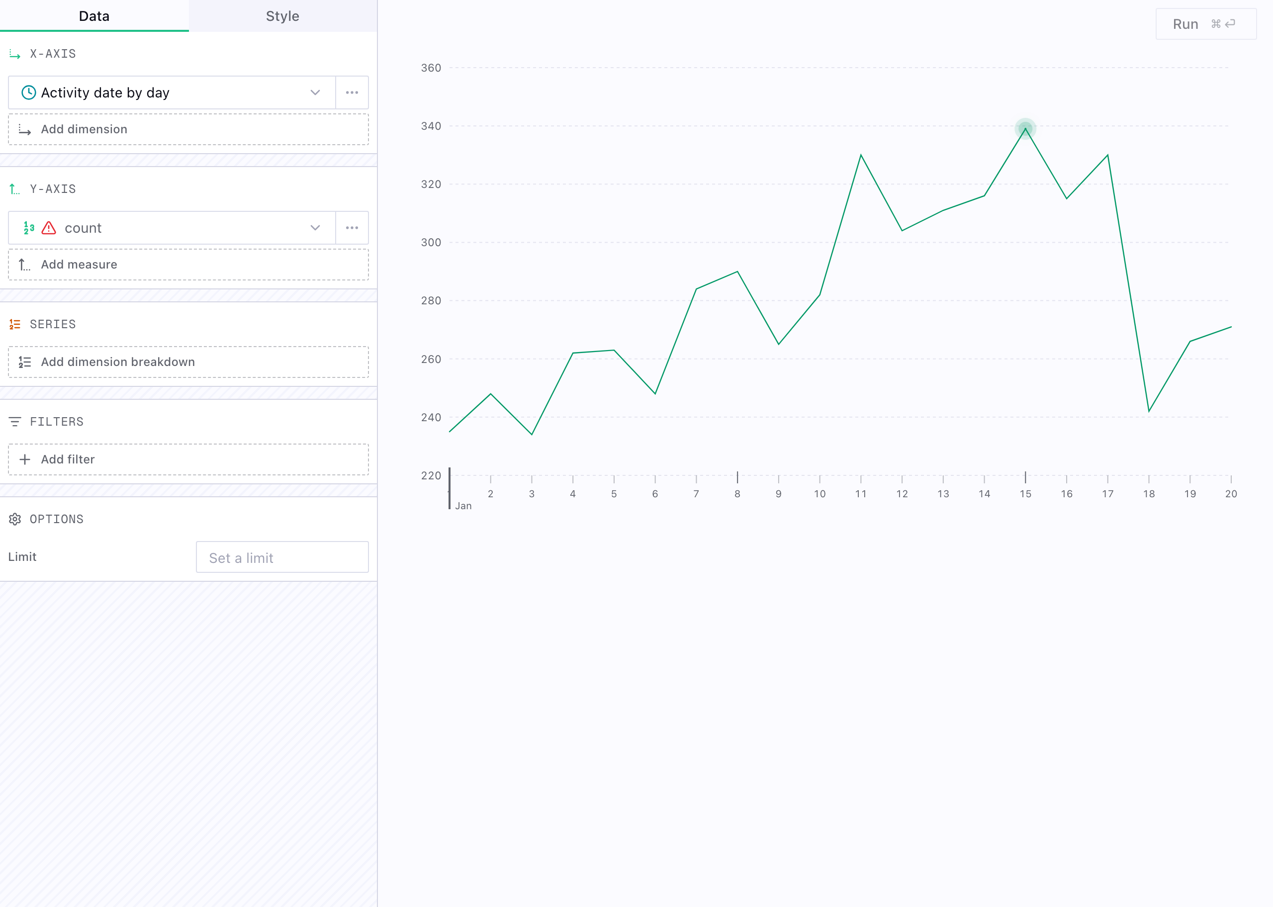 Semantic insight builder: choose a time grain, a business measure, and a chart type—preview updates from sample data